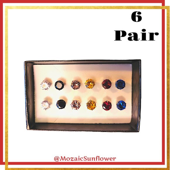 NEW SET OF 6 Multi Color Faceted Solitaire Cut Stone STAINLESS STEEL Earrings - Picture 6 of 7